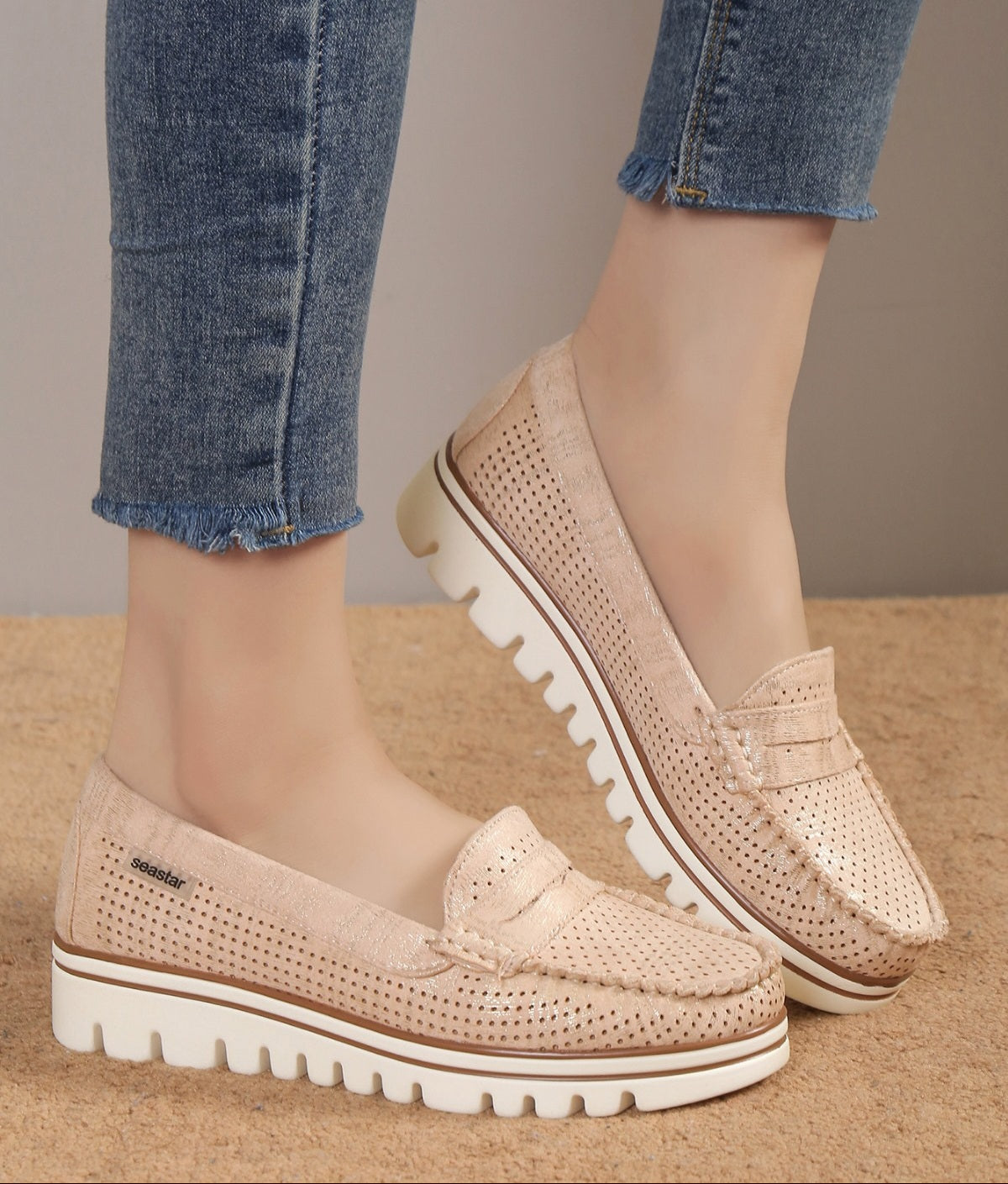 Pantofi Casual Dama Din Piele Ecologica Intoarsa Perforati Bej GS56