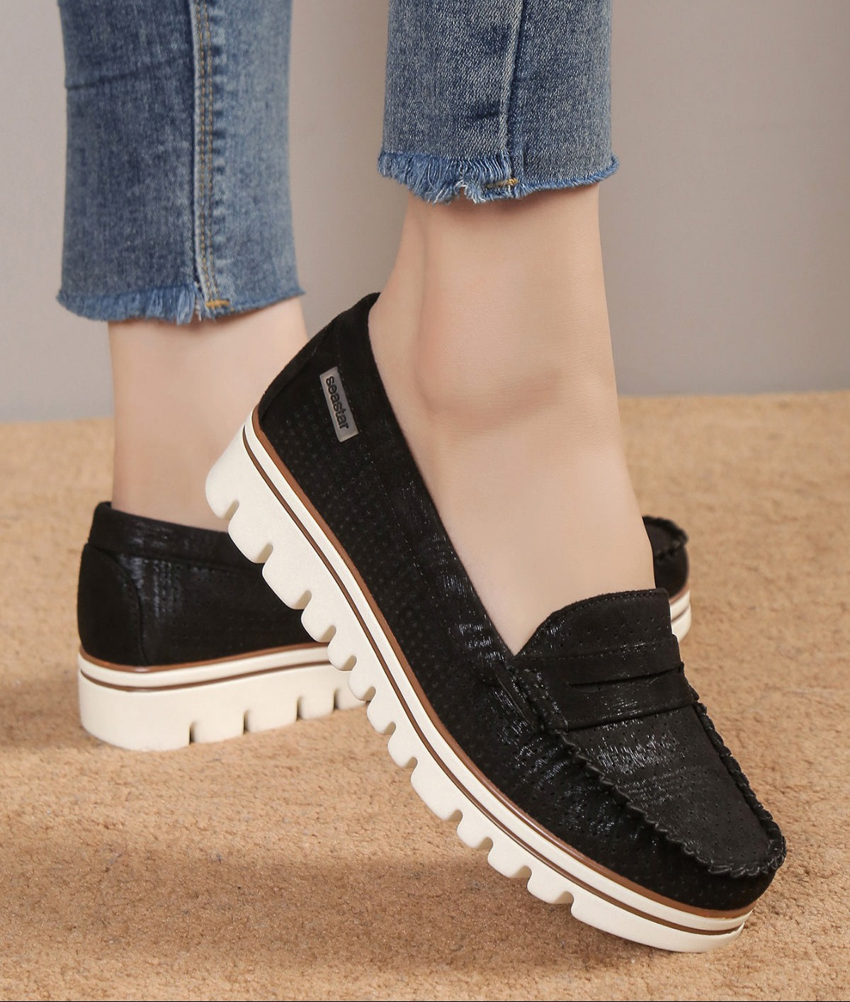Pantofi Casual Dama Din Piele Ecologica Intoarsa Perforati Black GS56