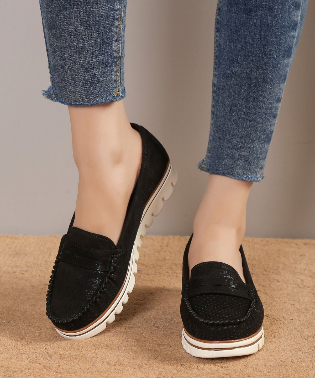 Pantofi Casual Dama Din Piele Ecologica Intoarsa Perforati Black GS56