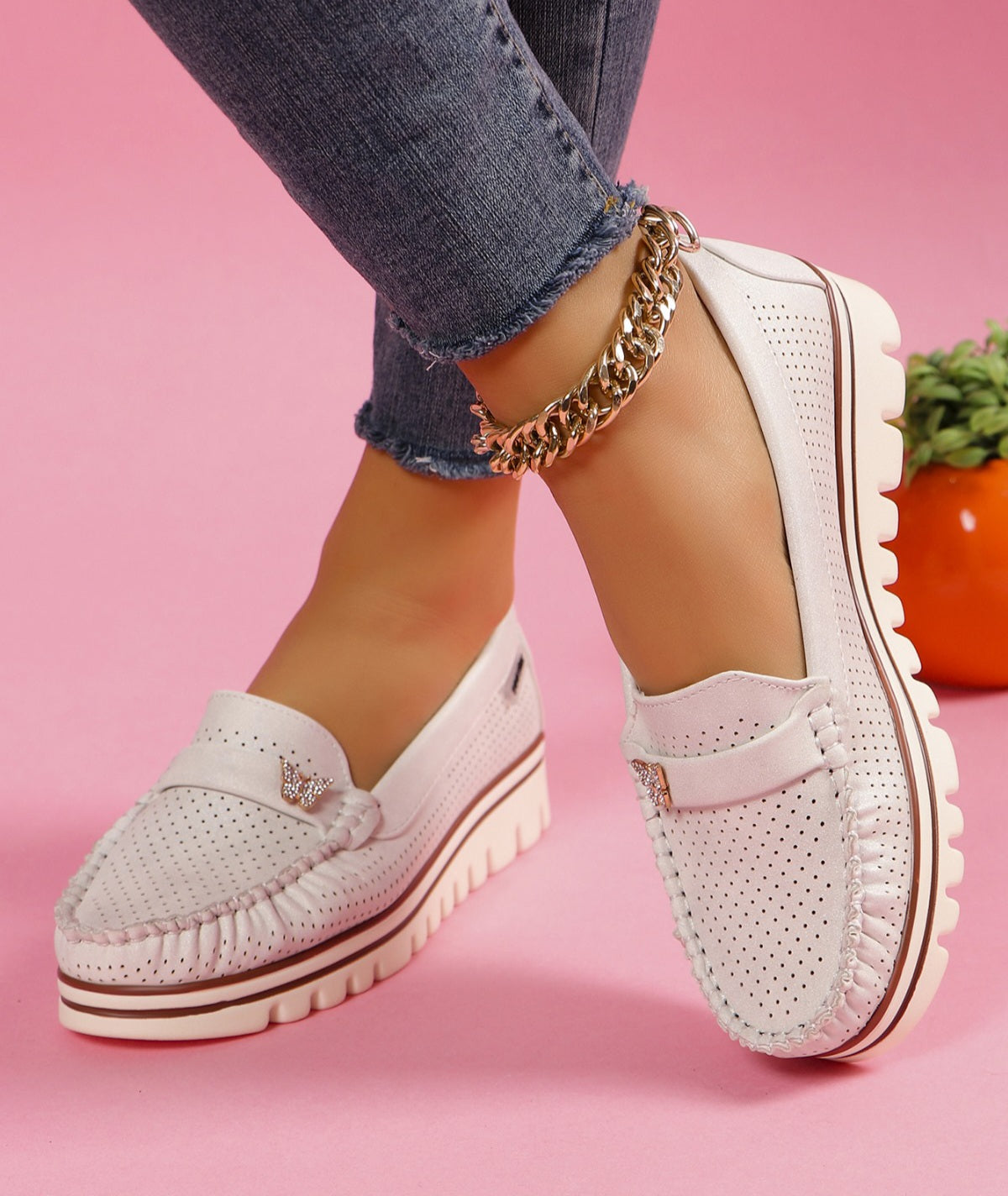 Pantofi Casual Dama Din Piele Ecologica Intoarsa Perforati Alb GS70