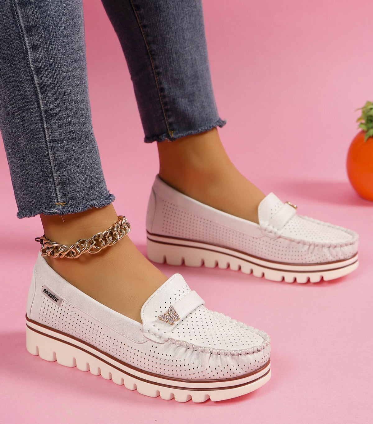 Pantofi Casual Dama Din Piele Ecologica Intoarsa Perforati Alb GS70