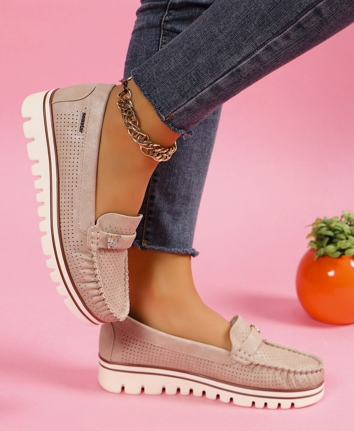 Pantofi Casual Dama Din Piele Ecologica Intoarsa Perforati Bej GS70