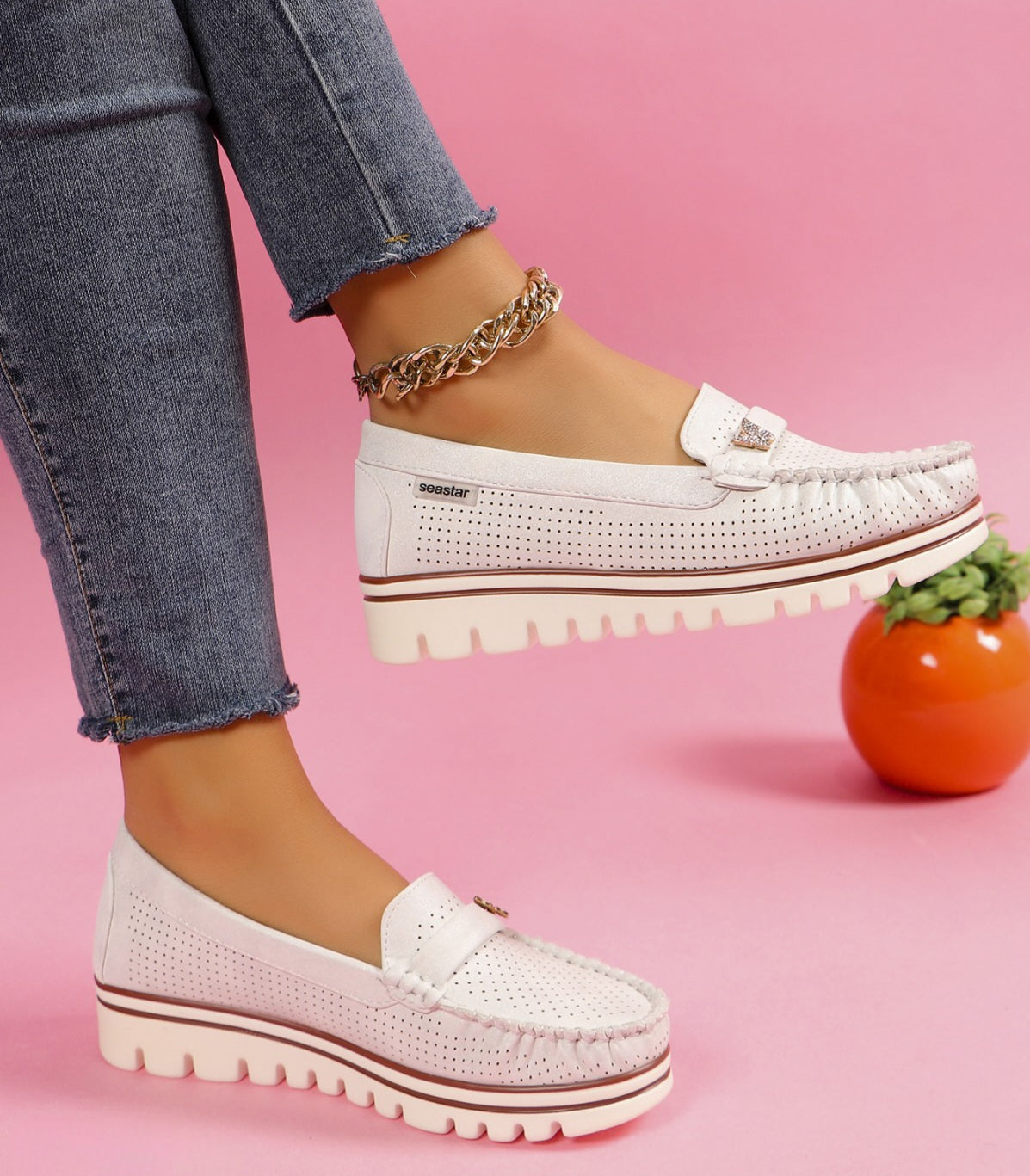 Pantofi Casual Dama Din Piele Ecologica Intoarsa Perforati Alb GS70