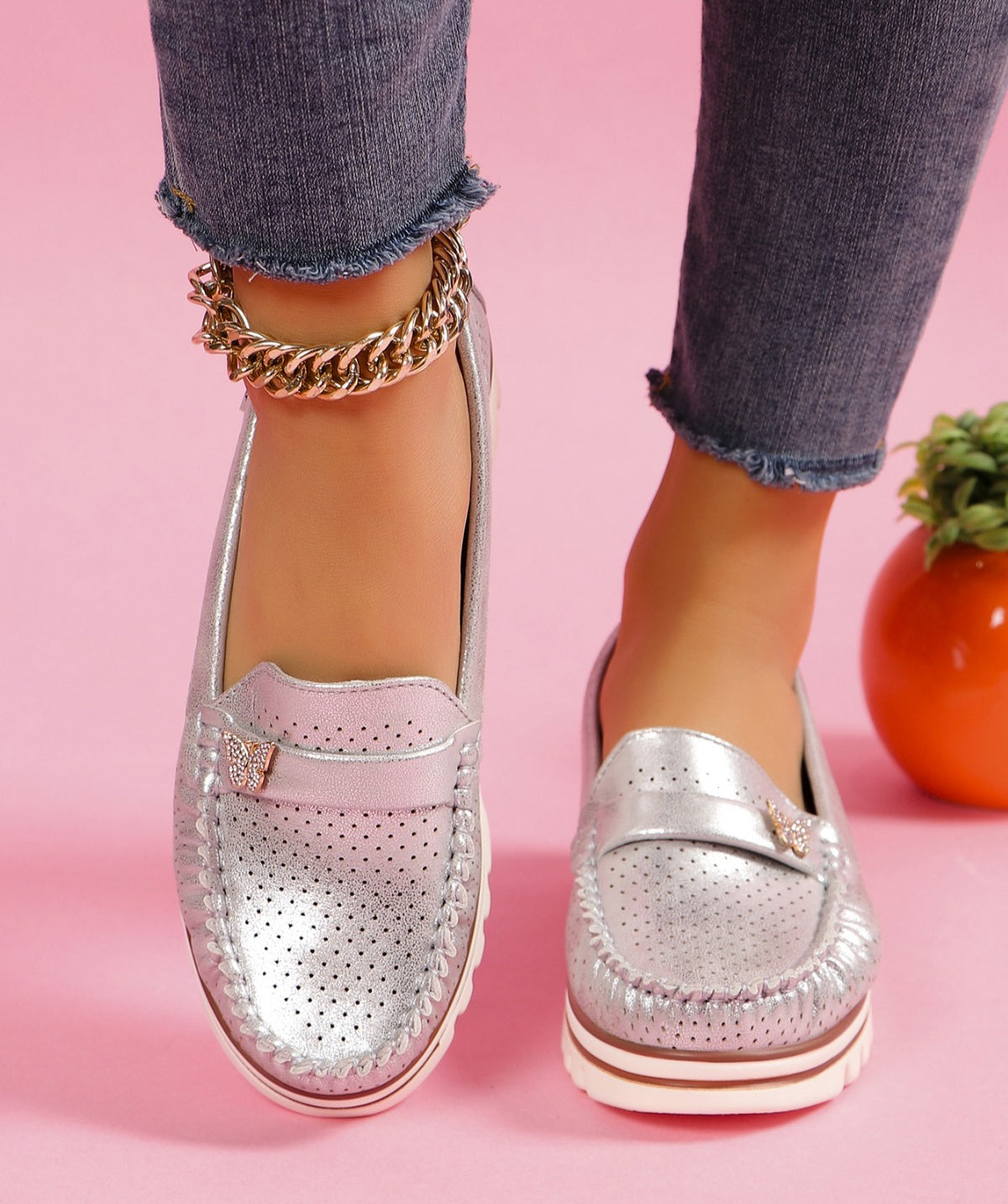 Pantofi Casual Dama Din Piele Ecologica Intoarsa Perforati Silver GS70