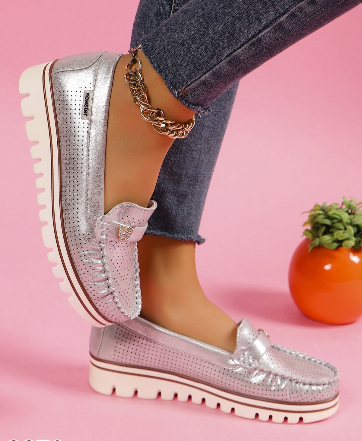 Pantofi Casual Dama Din Piele Ecologica Intoarsa Perforati Silver GS70
