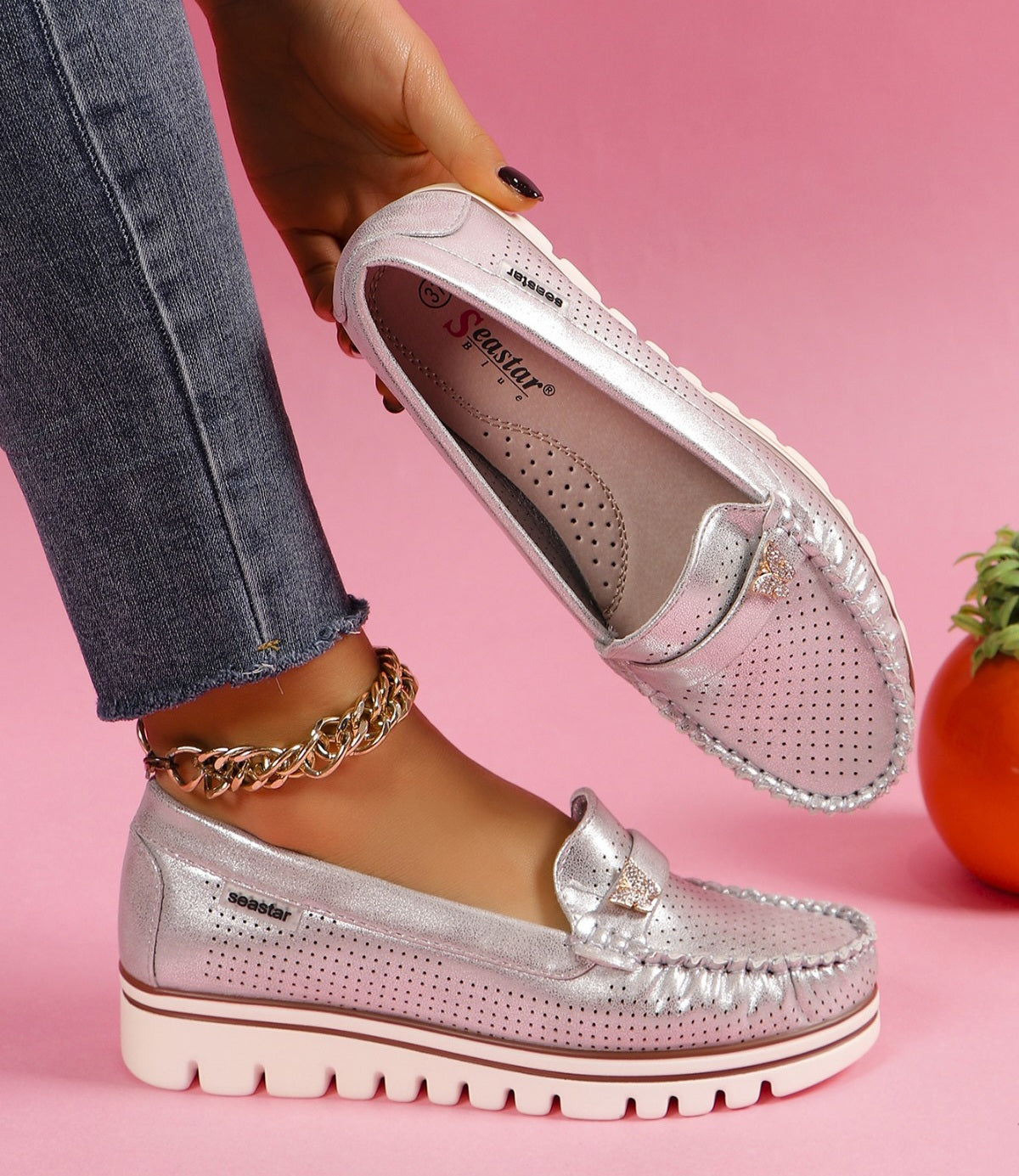 Pantofi Casual Dama Din Piele Ecologica Intoarsa Perforati Silver GS70