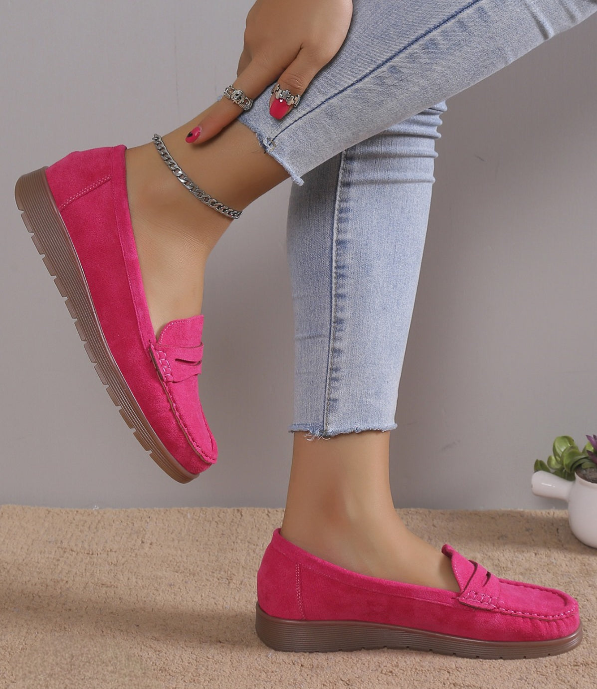 Pantofi Casual Dama Din Piele Ecologica Intoarsa Fuchsia GS67
