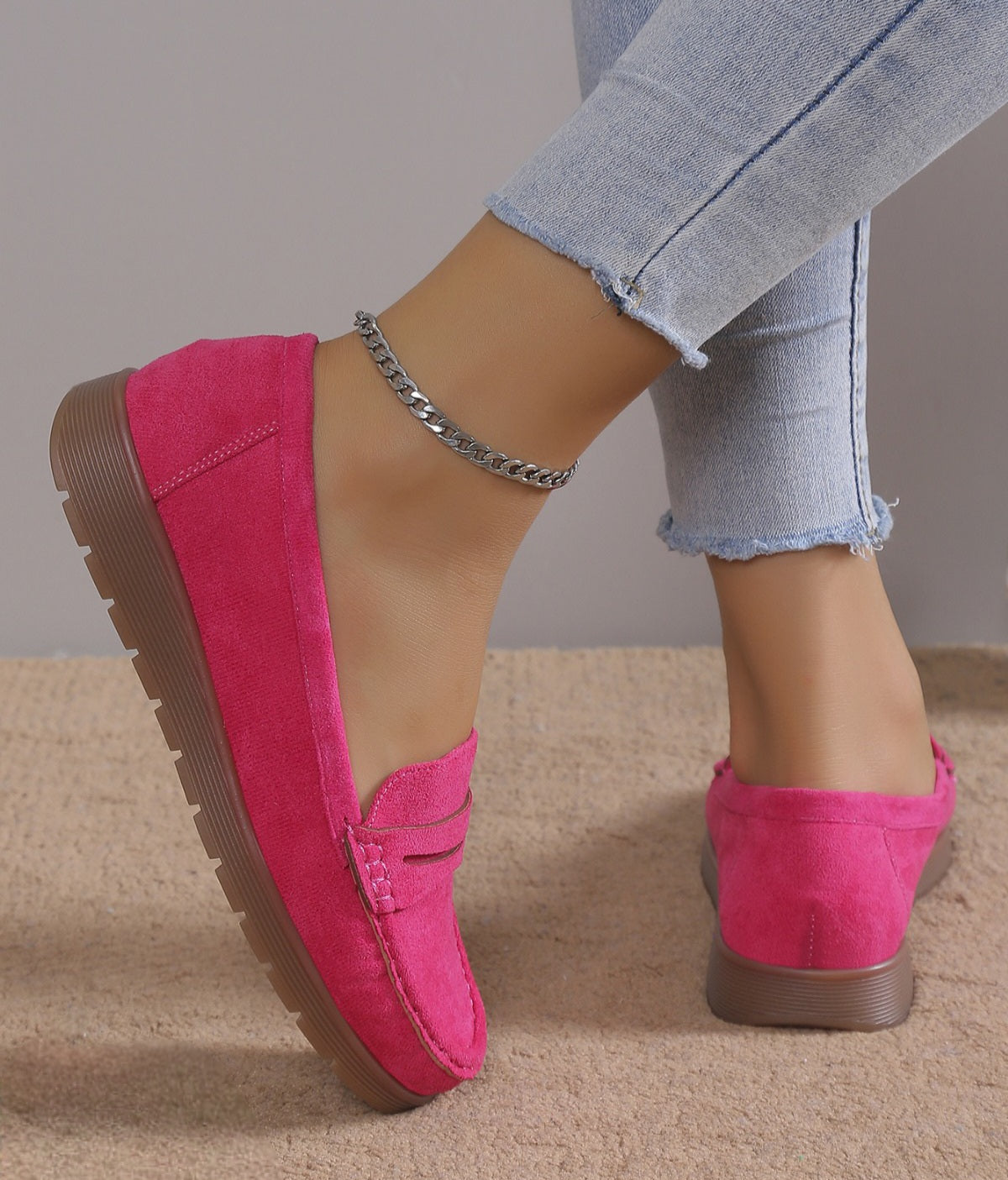 Pantofi Casual Dama Din Piele Ecologica Intoarsa Fuchsia GS67