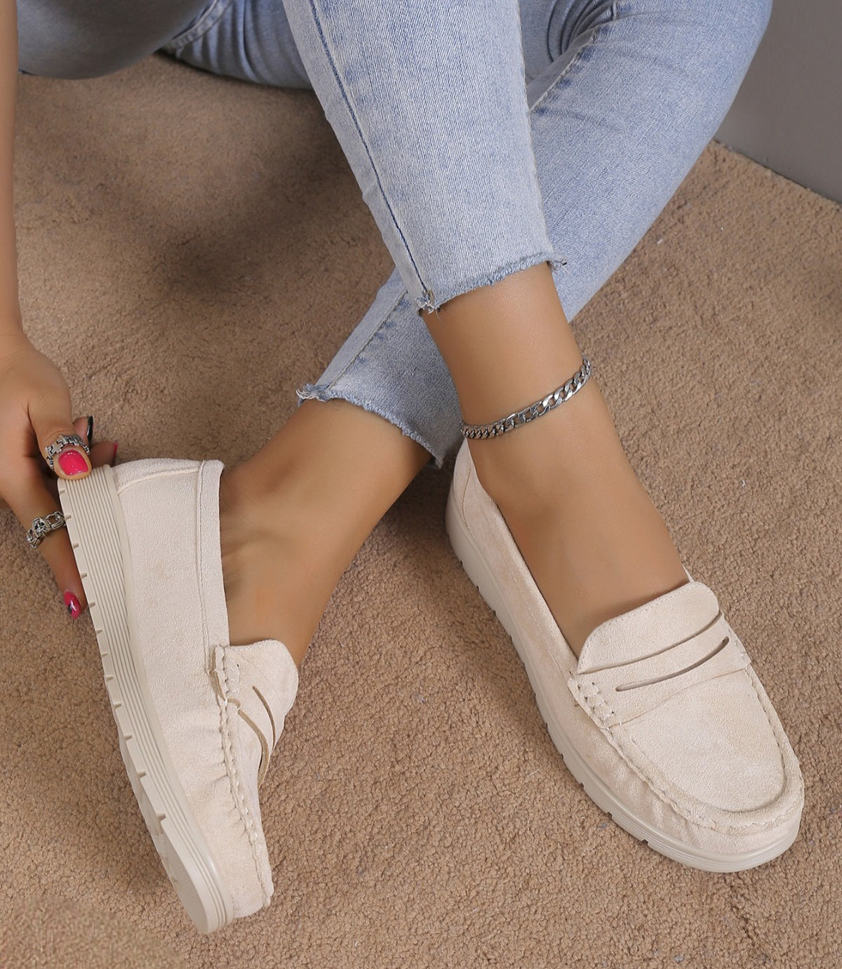 Pantofi Casual Dama Din Piele Ecologica Intoarsa Bej GS67