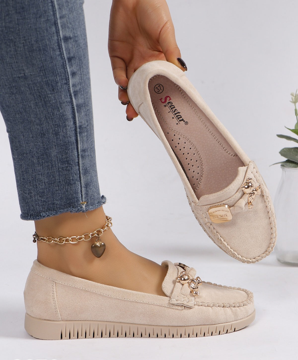 Pantofi Casual Dama Din Piele Ecologica Intoarsa Bej GS76