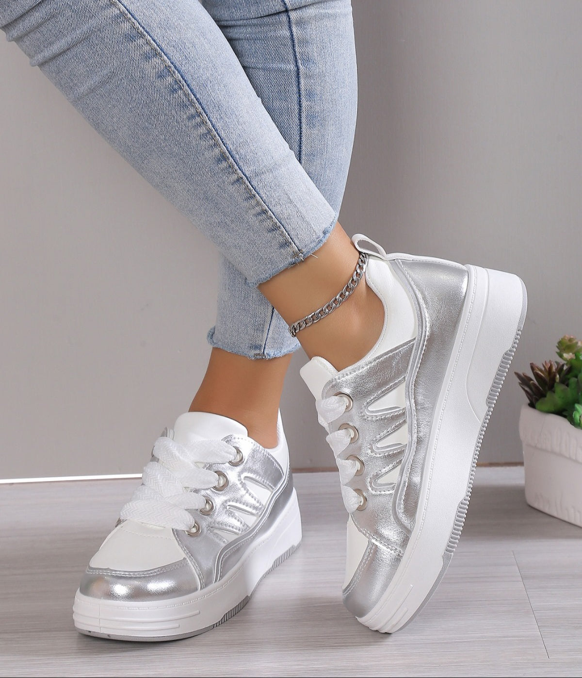Adidasi Dama Din Piele Ecologica Silver  BL381