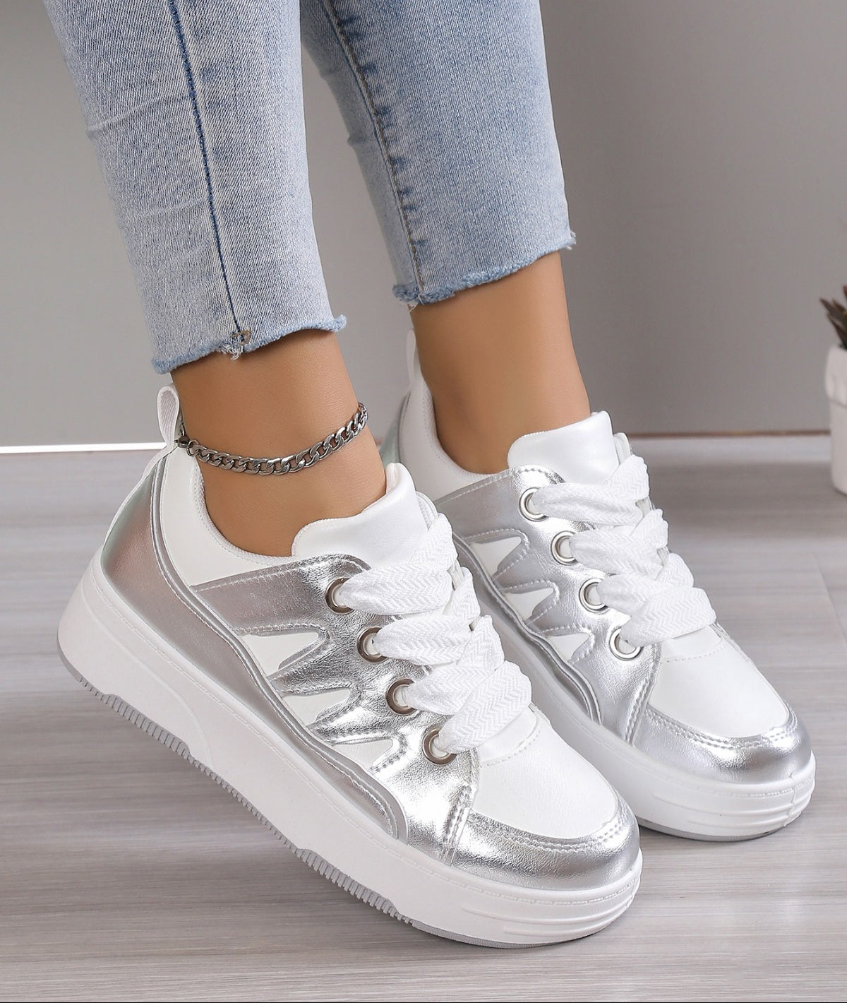 Adidasi Dama Din Piele Ecologica Silver  BL381