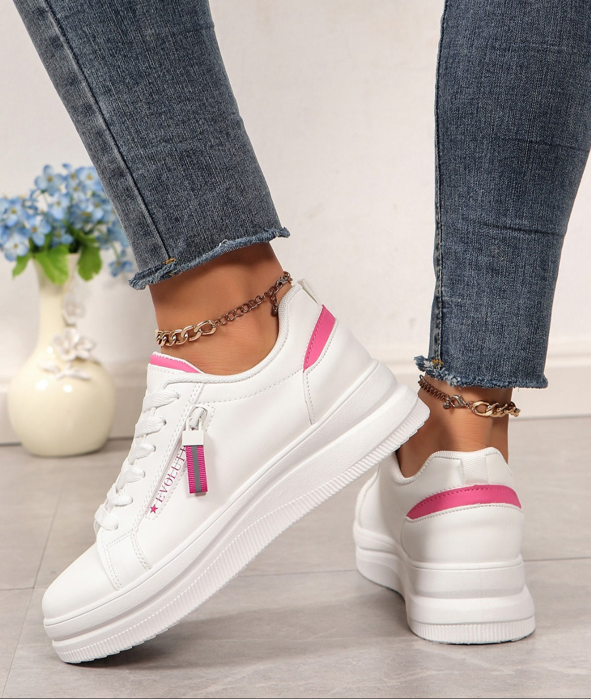 Adidasi Dama Din Piele Ecologica Alb/Pink NB676